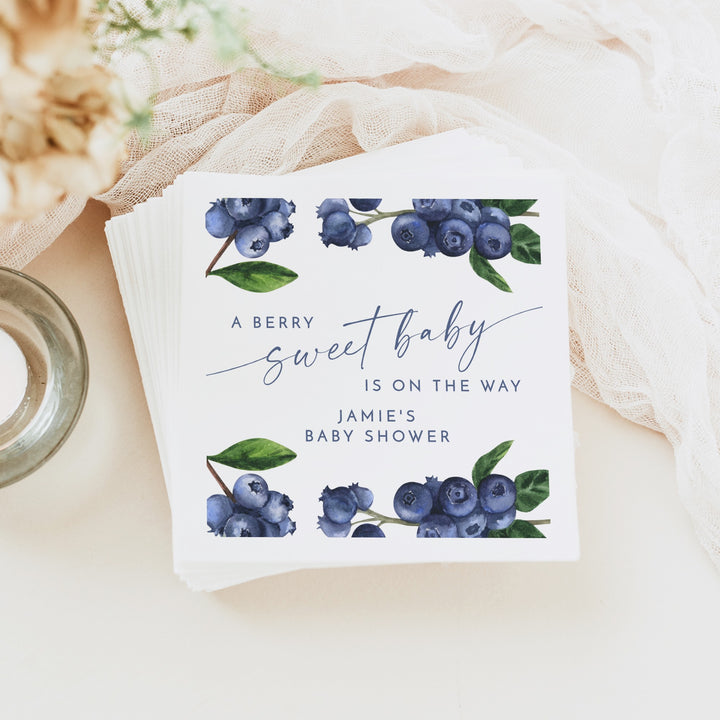 JAMIE Personalized A Berry Sweet Baby On the Way Blueberry Baby Shower Napkins
