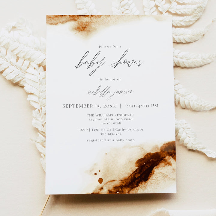 JAYLA Boho Rustic Copper Watercolor Baby Shower Invitation Suite