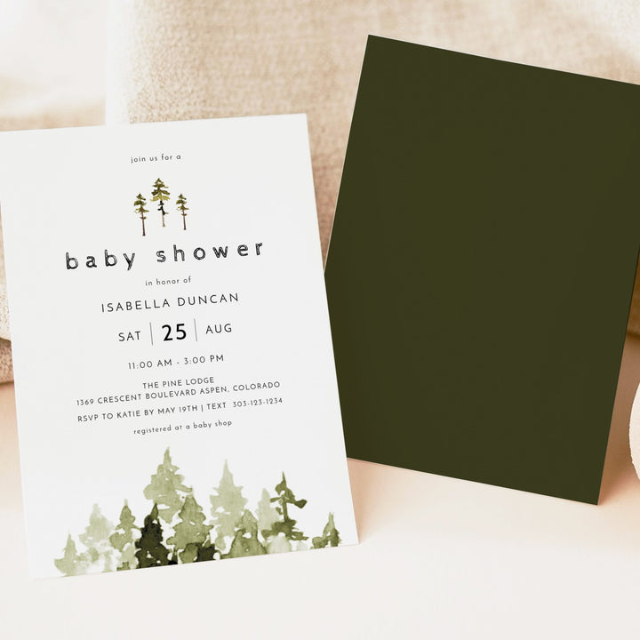 JENNA Pine Tree Forest Baby Shower Invitation Bundle