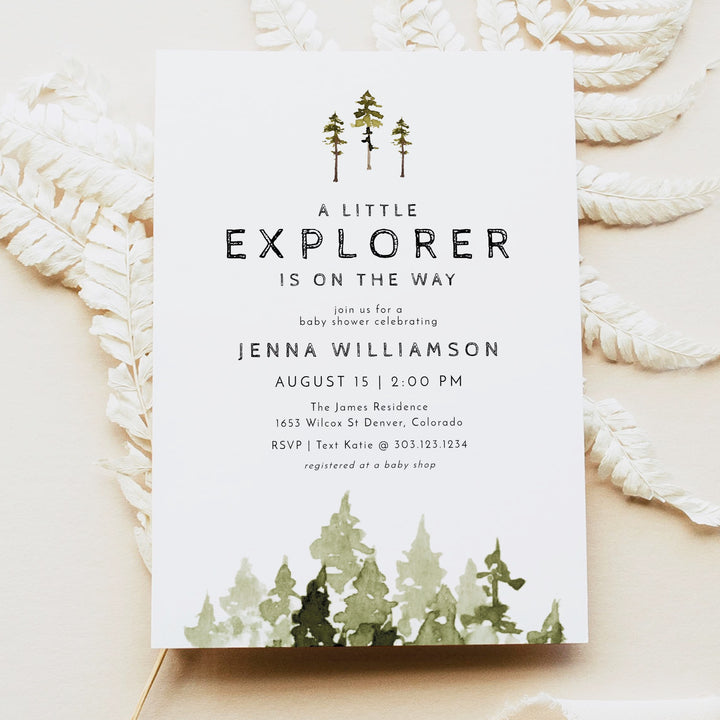 JENNA Little Explorer On the Way Pine Tree Baby Shower Invitation Bundle