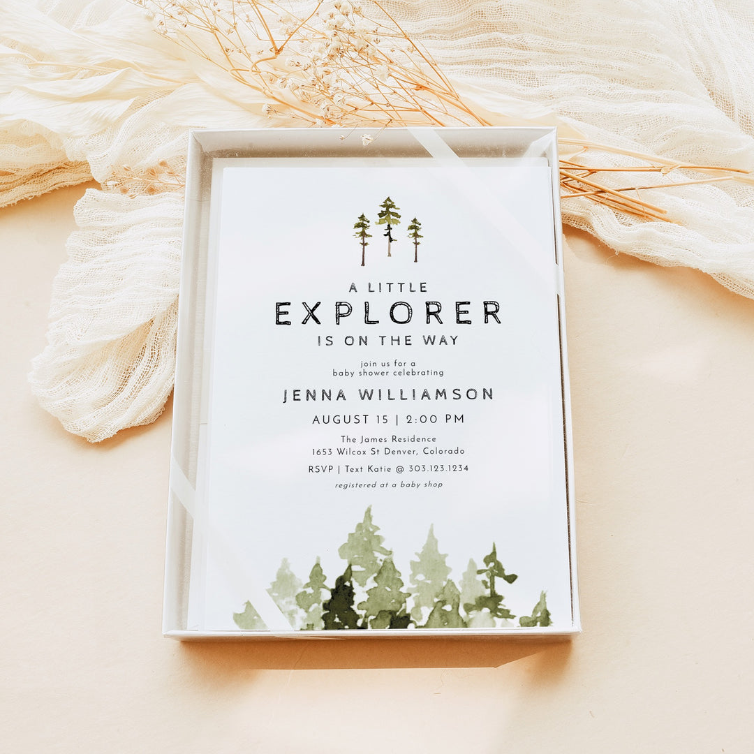 JENNA Little Explorer On the Way Pine Tree Baby Shower Invitation Bundle