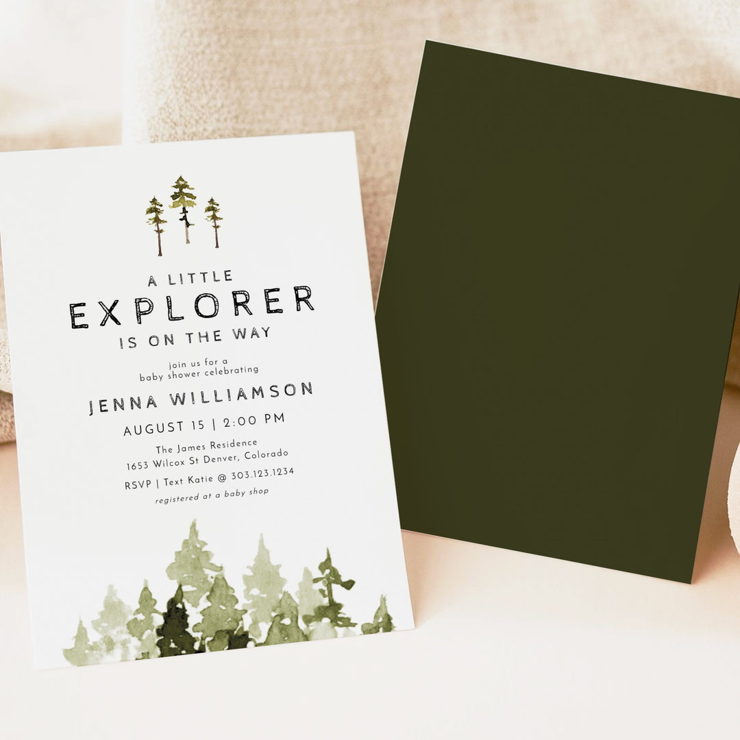 JENNA Little Explorer On the Way Pine Tree Baby Shower Invitation Bundle