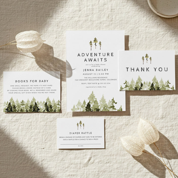 JENNA Adventure Awaits Pine Tree Baby Shower Invitation Bundle