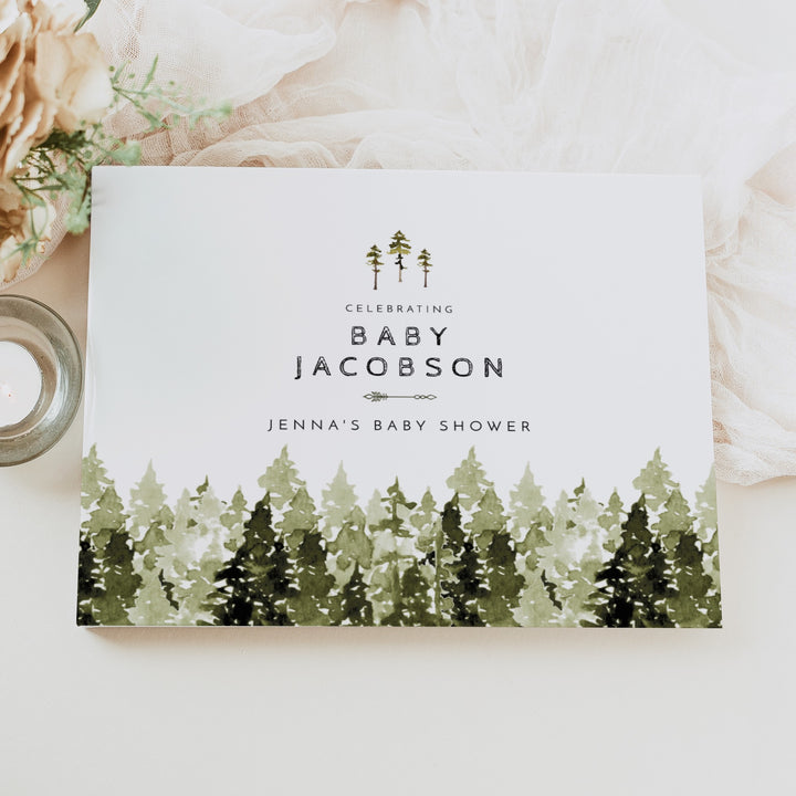 JENNA Pine Tree Forest Baby Shower Guest Book Personalized
