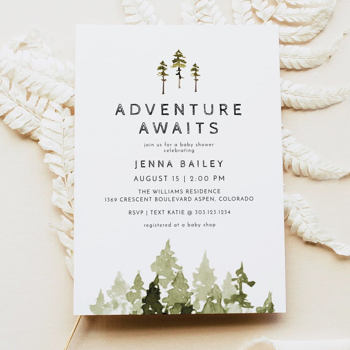 JENNA Adventure Awaits Pine Tree Baby Shower Invitation Bundle