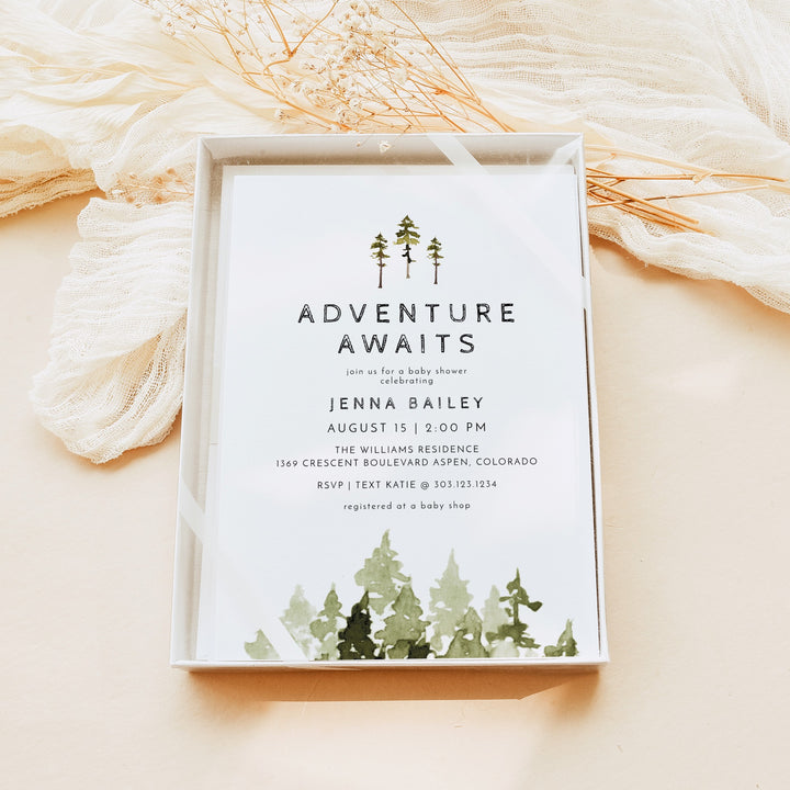 JENNA Adventure Awaits Pine Tree Baby Shower Invitation Bundle