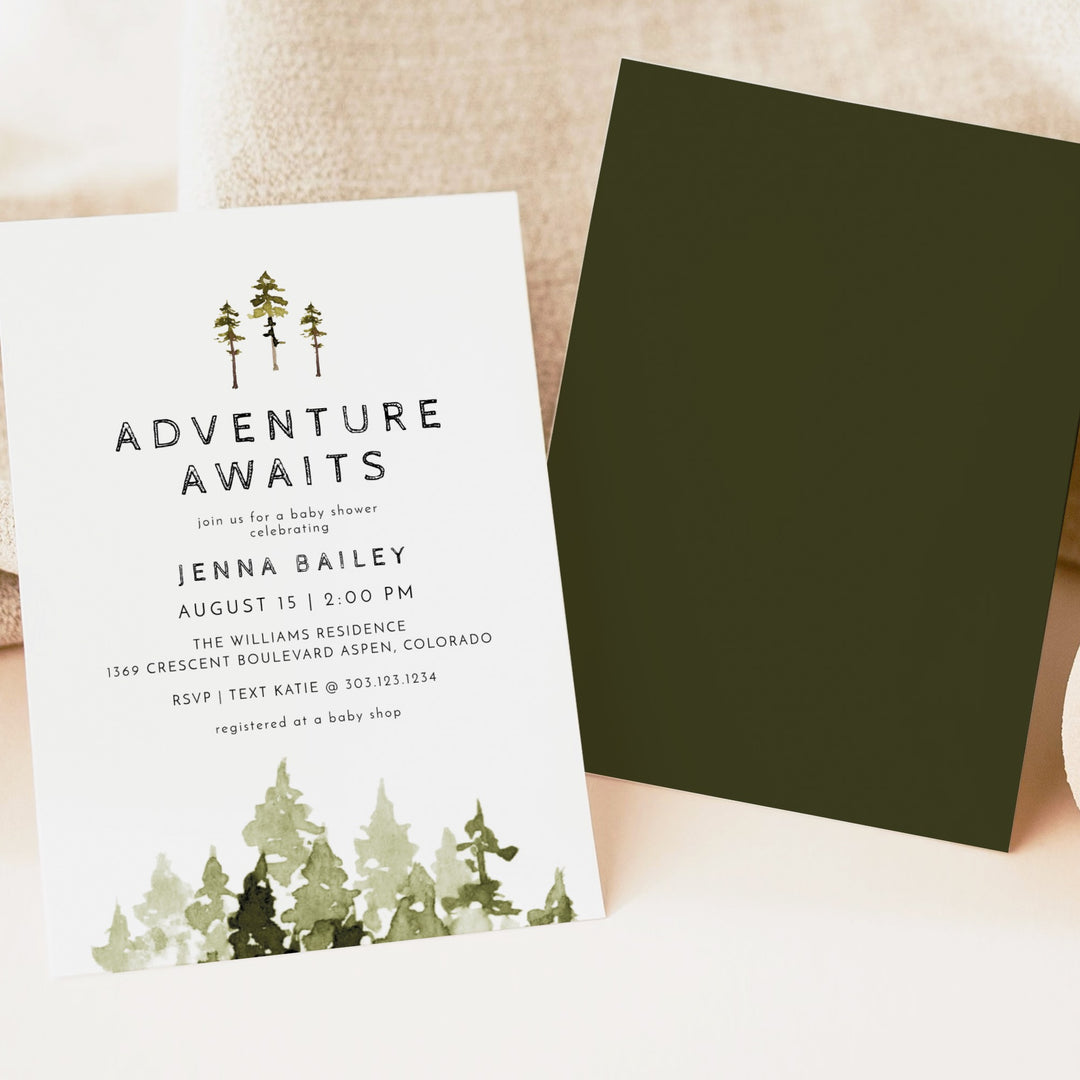 JENNA Adventure Awaits Pine Tree Baby Shower Invitation Bundle