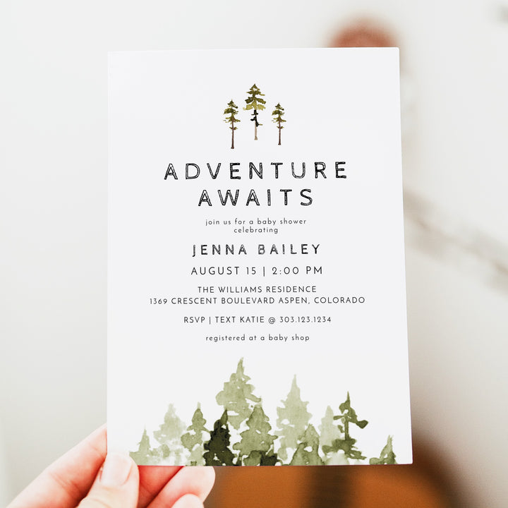 JENNA Adventure Awaits Pine Tree Baby Shower Invitation Bundle
