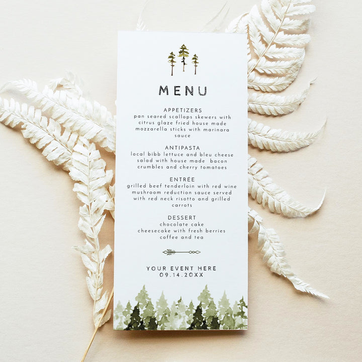 JENNA Pine Tree Forest Baby Shower Menu Cards