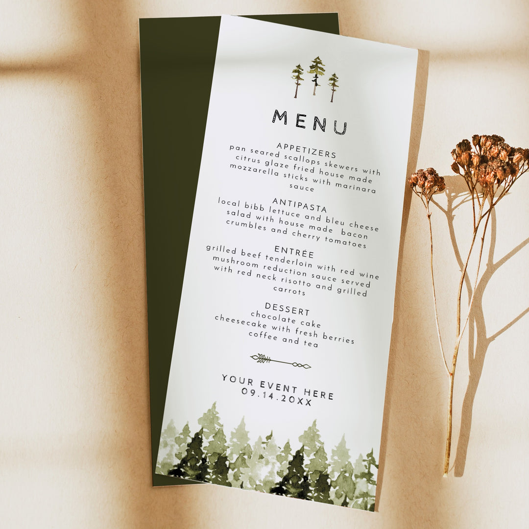 JENNA Pine Tree Forest Baby Shower Menu Cards