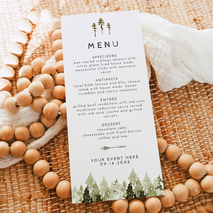 JENNA Pine Tree Forest Baby Shower Menu Cards