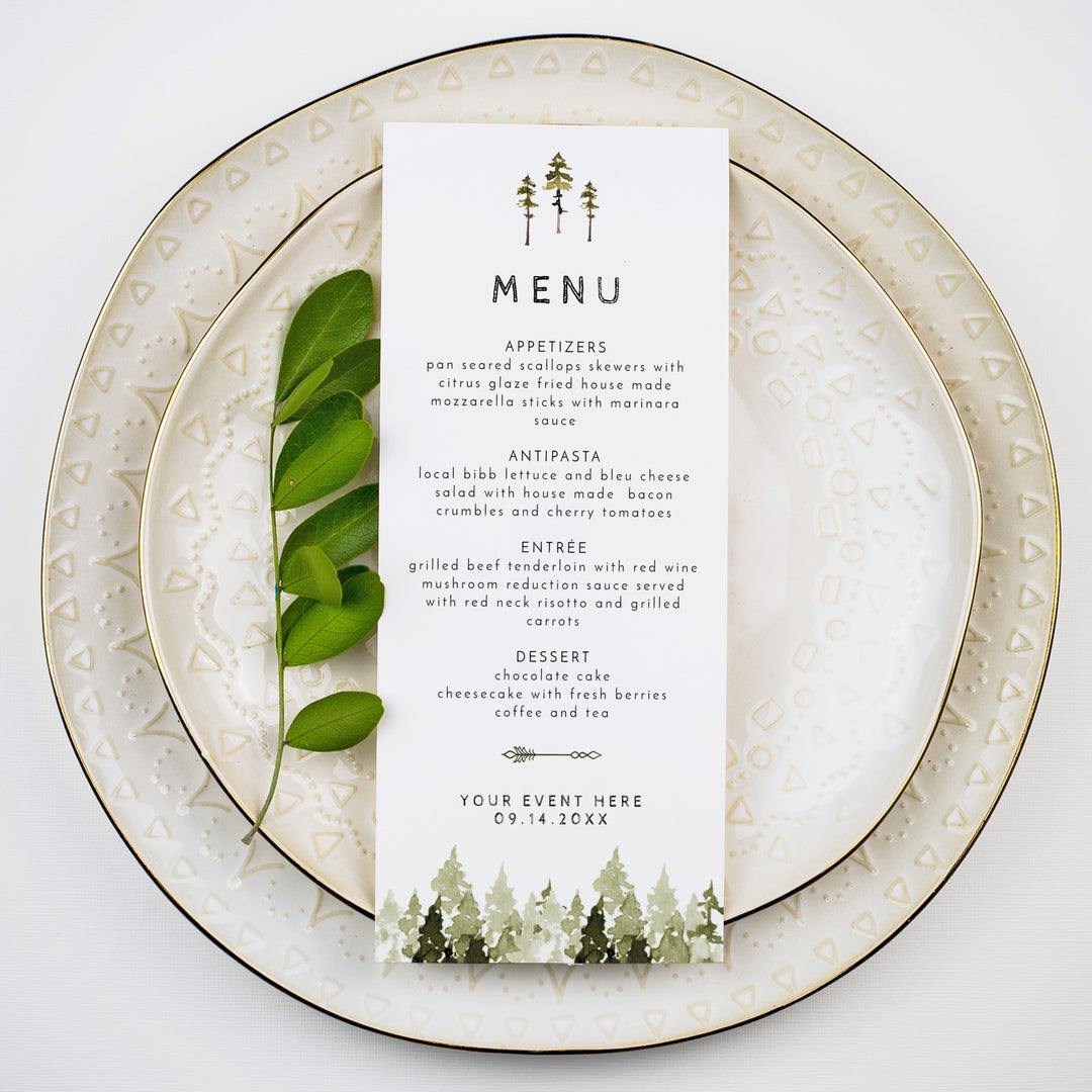 JENNA Pine Tree Forest Baby Shower Menu Cards