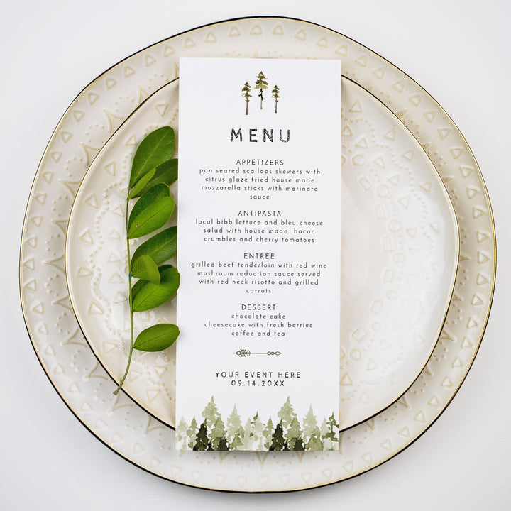 JENNA Pine Tree Forest Baby Shower Menu Cards