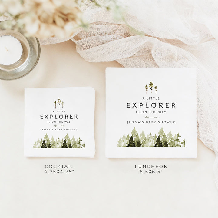 JENNA Personalized A Little Explorer On the Way Pine Tree Baby Shower Napkins