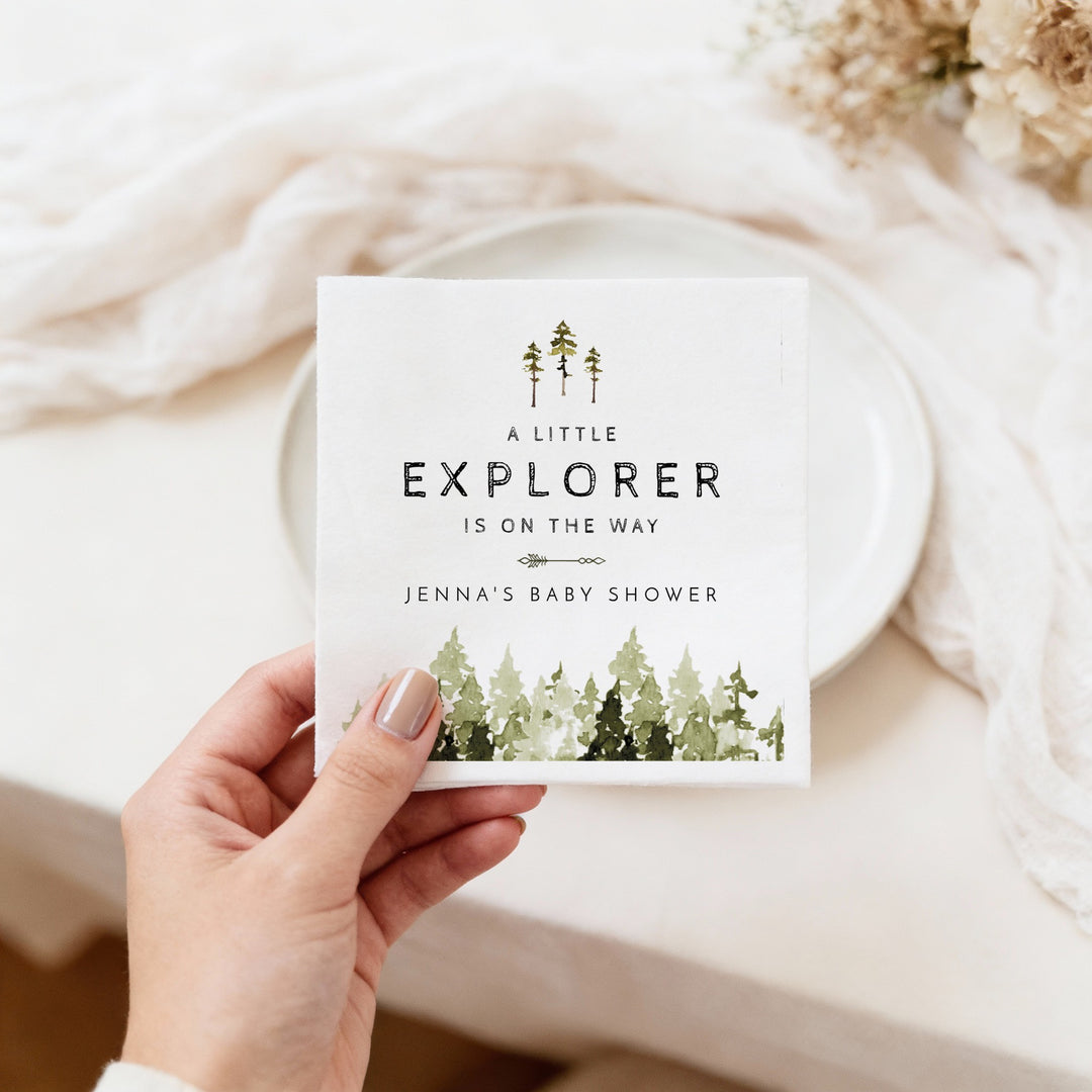 JENNA Personalized A Little Explorer On the Way Pine Tree Baby Shower Napkins