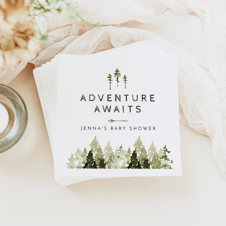 JENNA Personalized Adventure Awaits Pine Tree Baby Shower Napkins