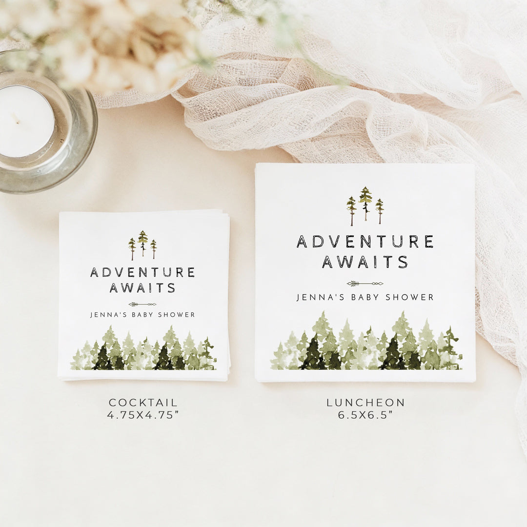 JENNA Personalized Adventure Awaits Pine Tree Baby Shower Napkins