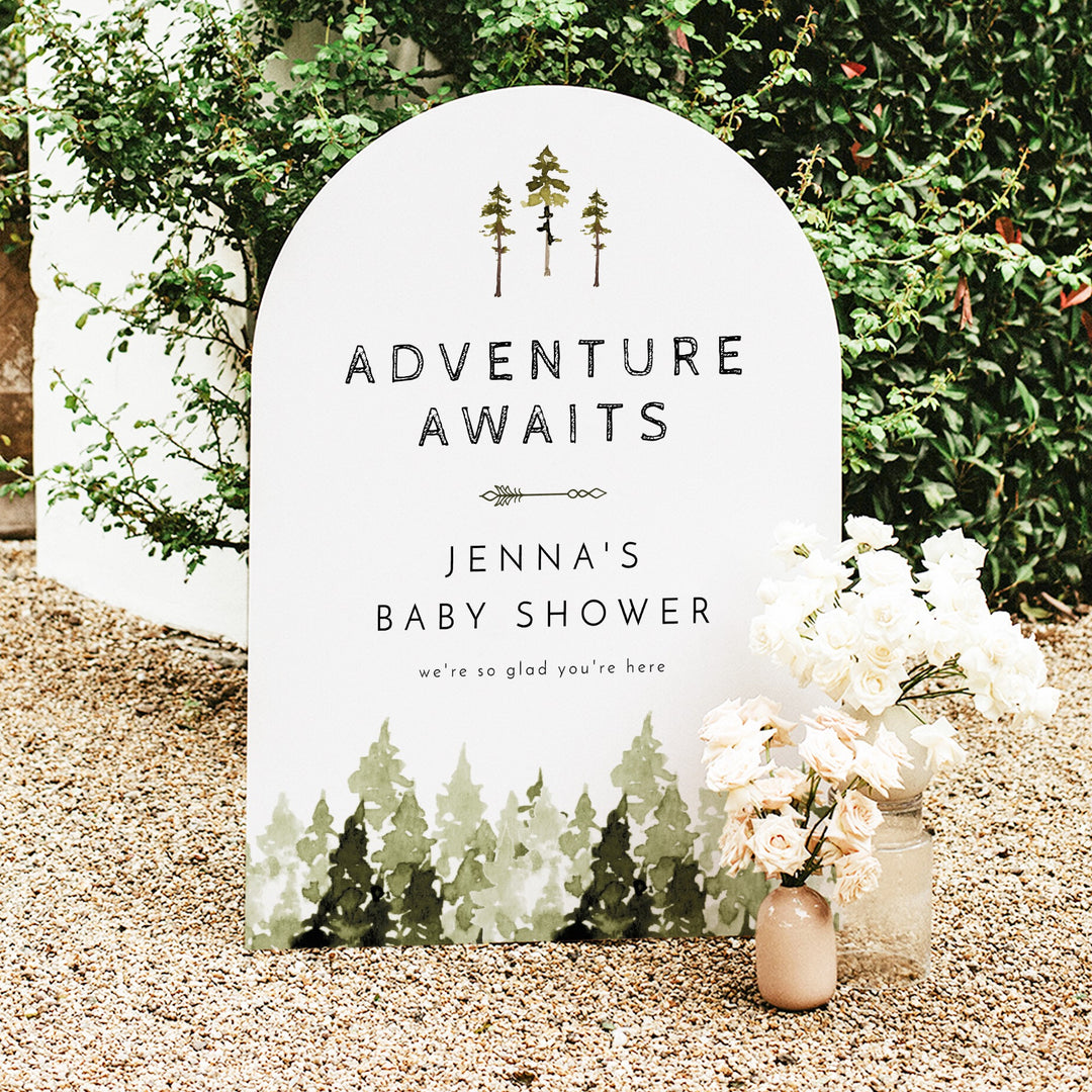 JENNA Adventure Awaits Pine Tree Forest Baby Shower Welcome Sign
