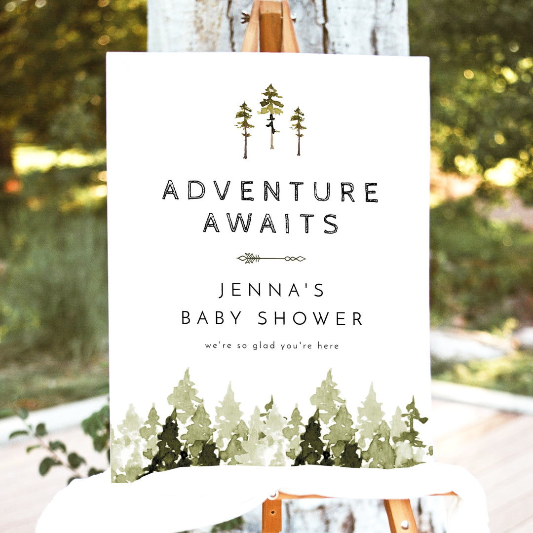JENNA Adventure Awaits Pine Tree Forest Baby Shower Welcome Sign