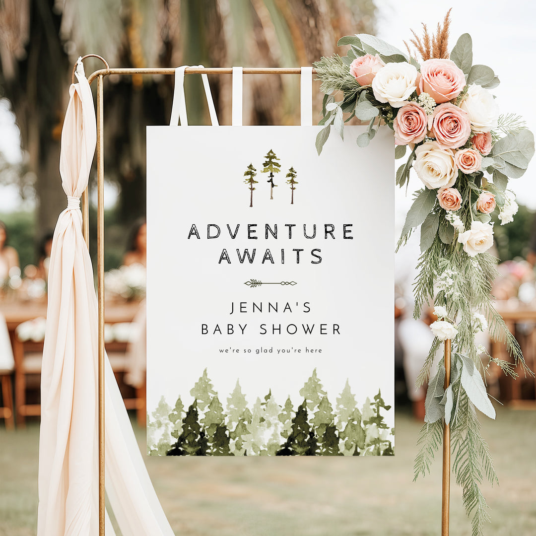 JENNA Adventure Awaits Pine Tree Forest Baby Shower Welcome Sign