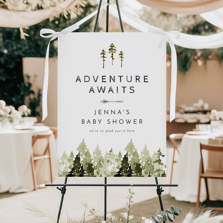 JENNA Adventure Awaits Pine Tree Forest Baby Shower Welcome Sign