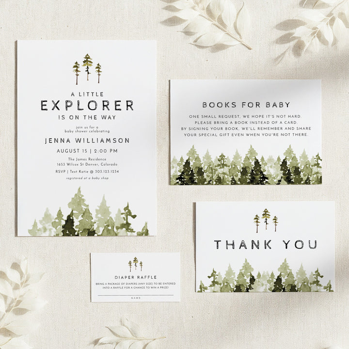 JENNA Little Explorer On the Way Pine Tree Baby Shower Invitation Bundle