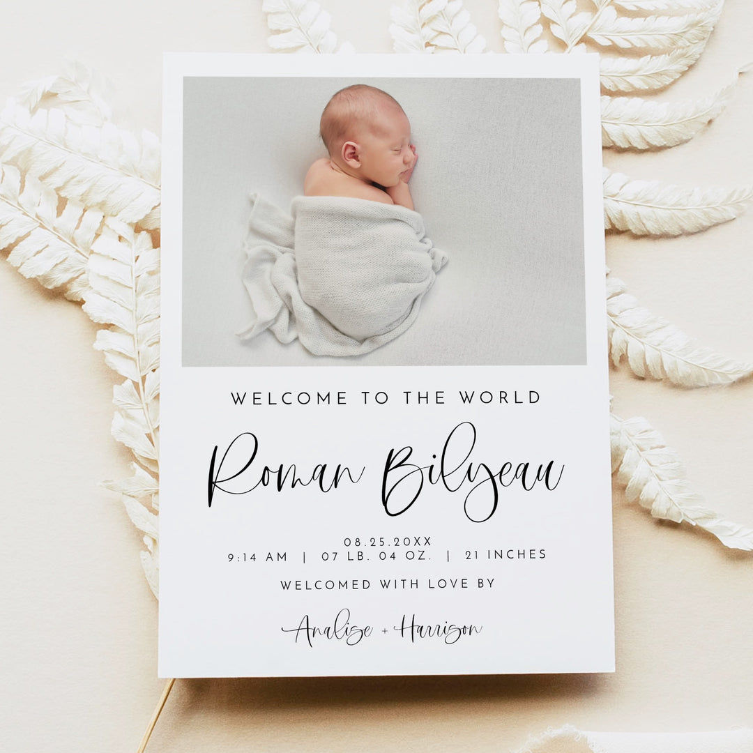 JOLIE Black & White Modern Welcome to the World Gender Neutral Birth Announcement Card