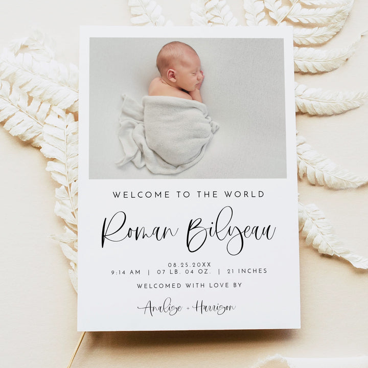 JOLIE Black & White Modern Welcome to the World Gender Neutral Birth Announcement Card