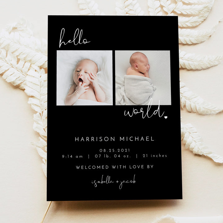 JOVI Black Modern Minimalist Hello World Birth Announcement Photo Card