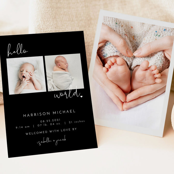 JOVI Black Modern Minimalist Hello World Birth Announcement Photo Card