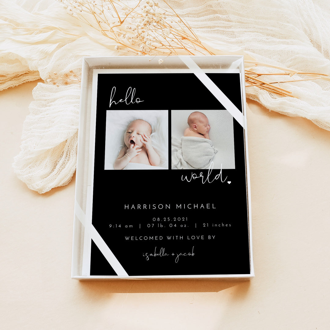 JOVI Black Modern Minimalist Hello World Birth Announcement Photo Card