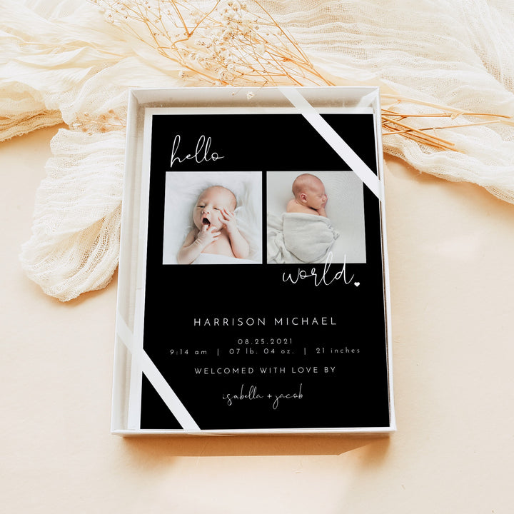 JOVI Black Modern Minimalist Hello World Birth Announcement Photo Card