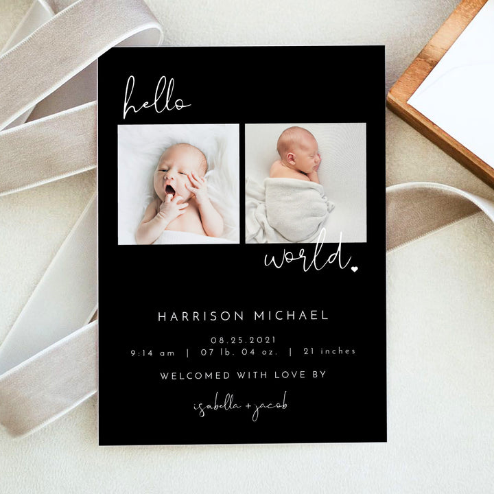 JOVI Black Modern Minimalist Hello World Birth Announcement Photo Card
