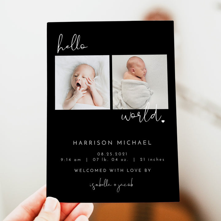 JOVI Black Modern Minimalist Hello World Birth Announcement Photo Card