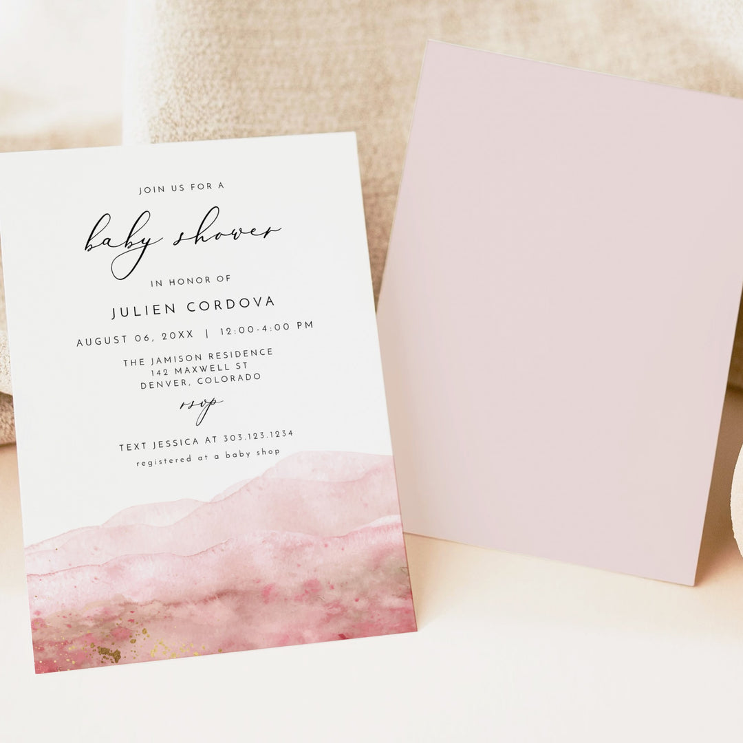 JULIEN Pink Watercolor & Gold Elegant Baby Shower Invitation Suite