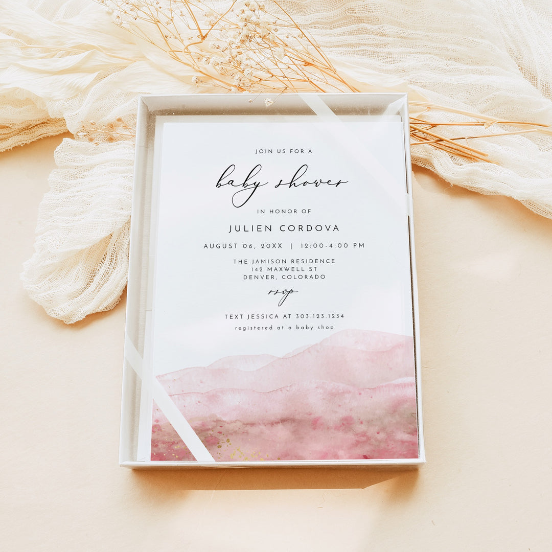 JULIEN Pink Watercolor & Gold Elegant Baby Shower Invitation Suite