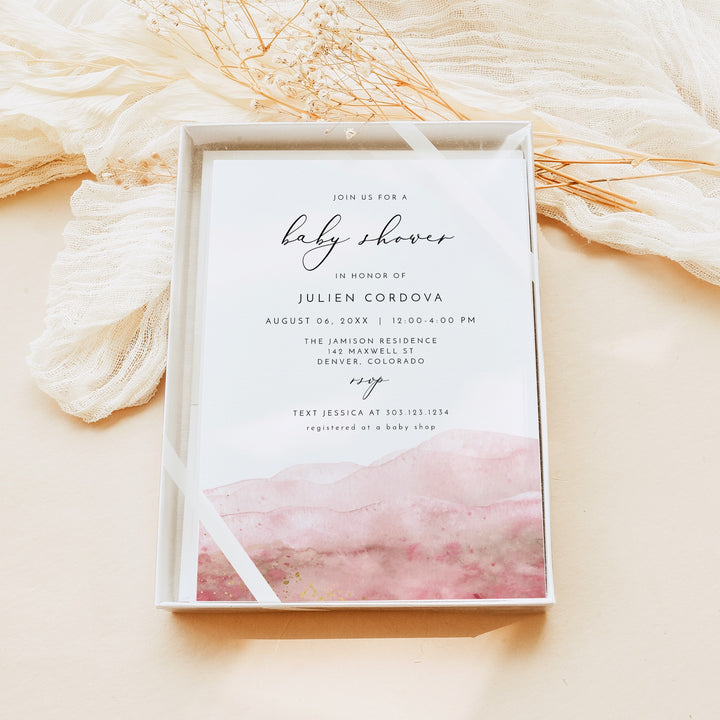 JULIEN Pink Watercolor & Gold Elegant Baby Shower Invitation Suite