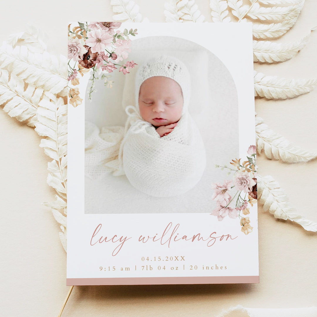 LUCY Blush Floral Baby Girl Birth Announcement Card