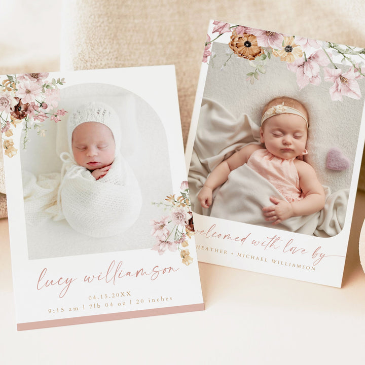 LUCY Blush Floral Baby Girl Birth Announcement Card