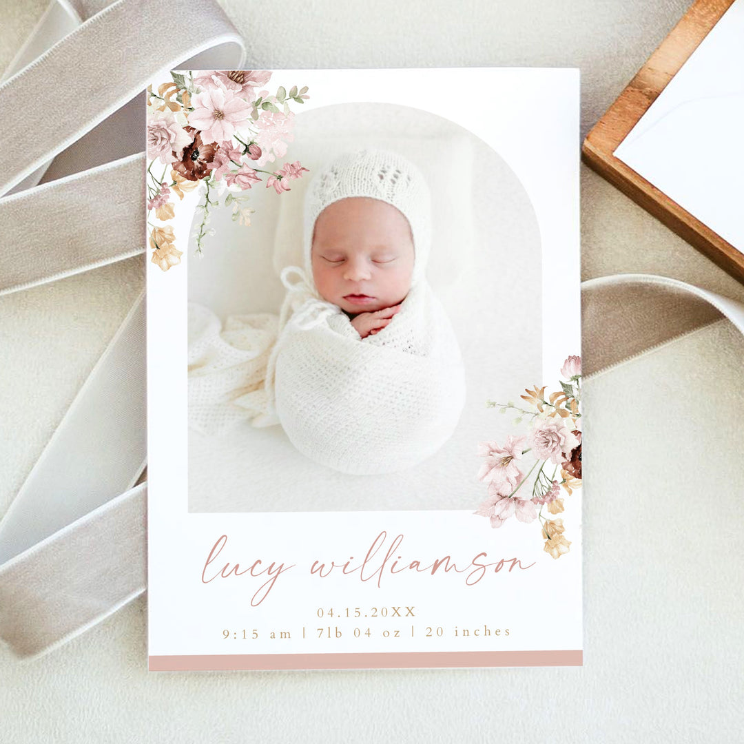 LUCY Blush Floral Baby Girl Birth Announcement Card