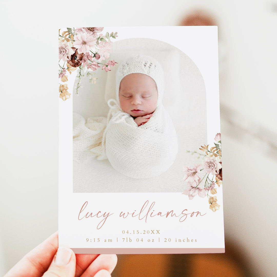 LUCY Blush Floral Baby Girl Birth Announcement Card