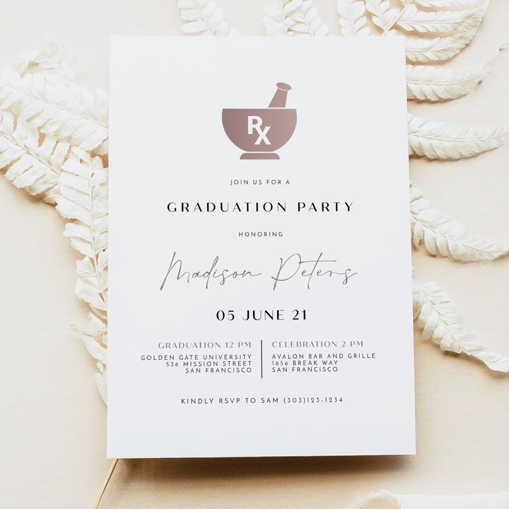 MAEVE Rose Gold Pharmacy School Rx Graduation Party Invitation