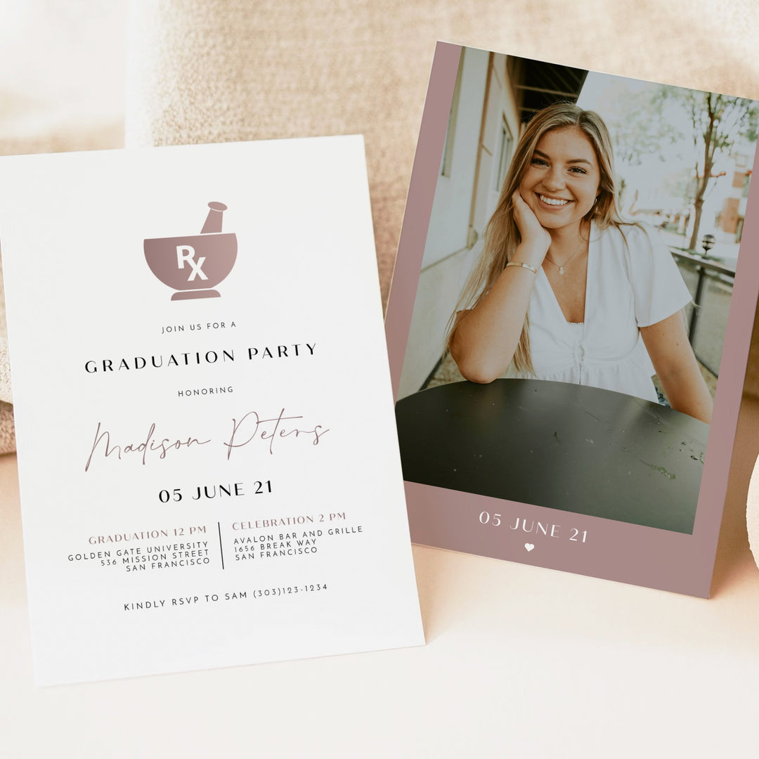 MAEVE Rose Gold Pharmacy School Rx Graduation Party Invitation