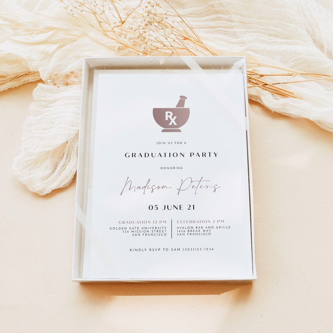 MAEVE Rose Gold Pharmacy School Rx Graduation Party Invitation