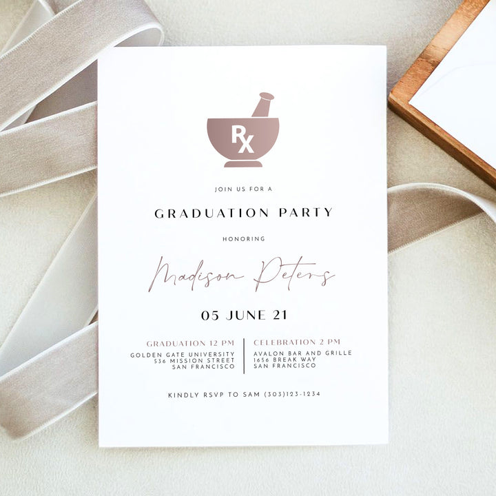 MAEVE Rose Gold Pharmacy School Rx Graduation Party Invitation