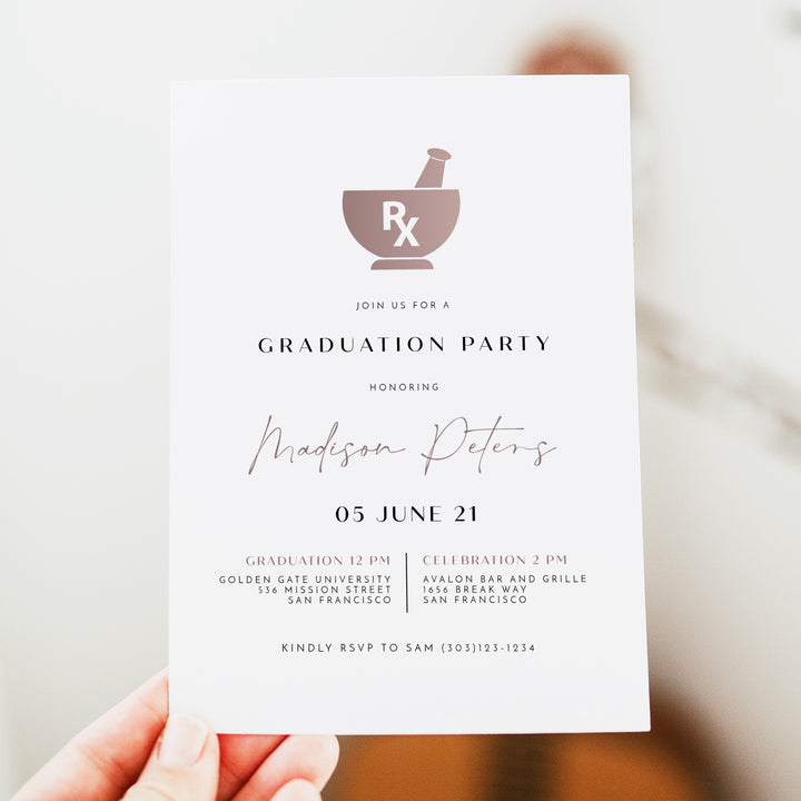 MAEVE Rose Gold Pharmacy School Rx Graduation Party Invitation