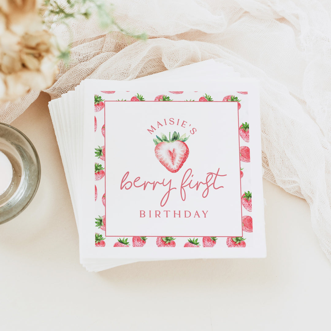 MAISIE Berry First Birthday Strawberry First Birthday Party Napkins Personalized