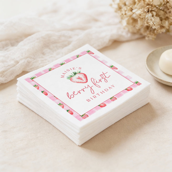MAISIE Berry First Birthday Strawberry First Birthday Party Napkins Personalized
