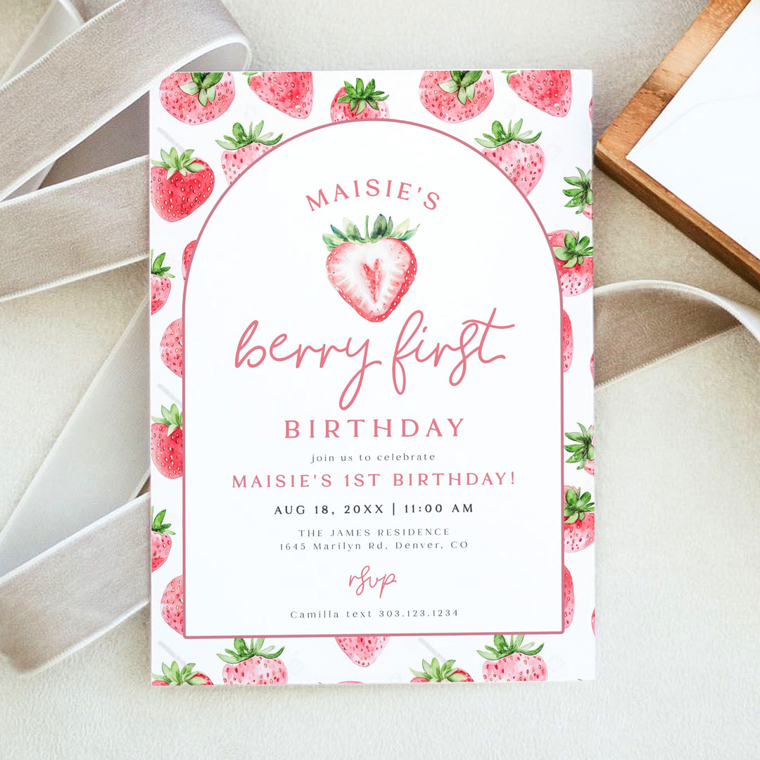 MAISIE Berry First Birthday Strawberry 1st Birthday Party Invitation