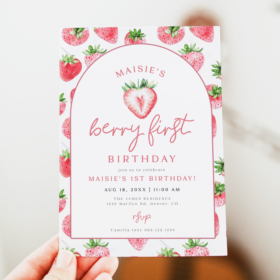 MAISIE Berry First Birthday Strawberry 1st Birthday Party Invitation